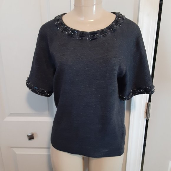 J. Crew Heathered Blue Rhinestone & Beaded Short Sleeve Cotton Sweatshirt - Picture 12 of 12